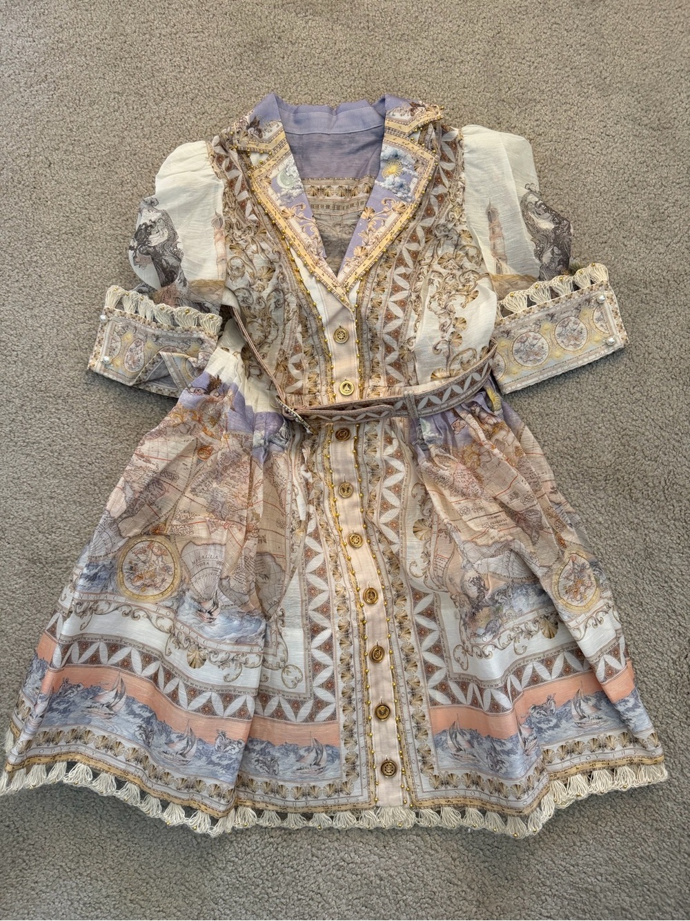 Zimmermann Style Printed Lace-Trim Button-Front Dress in Cream, Lavender, Peach